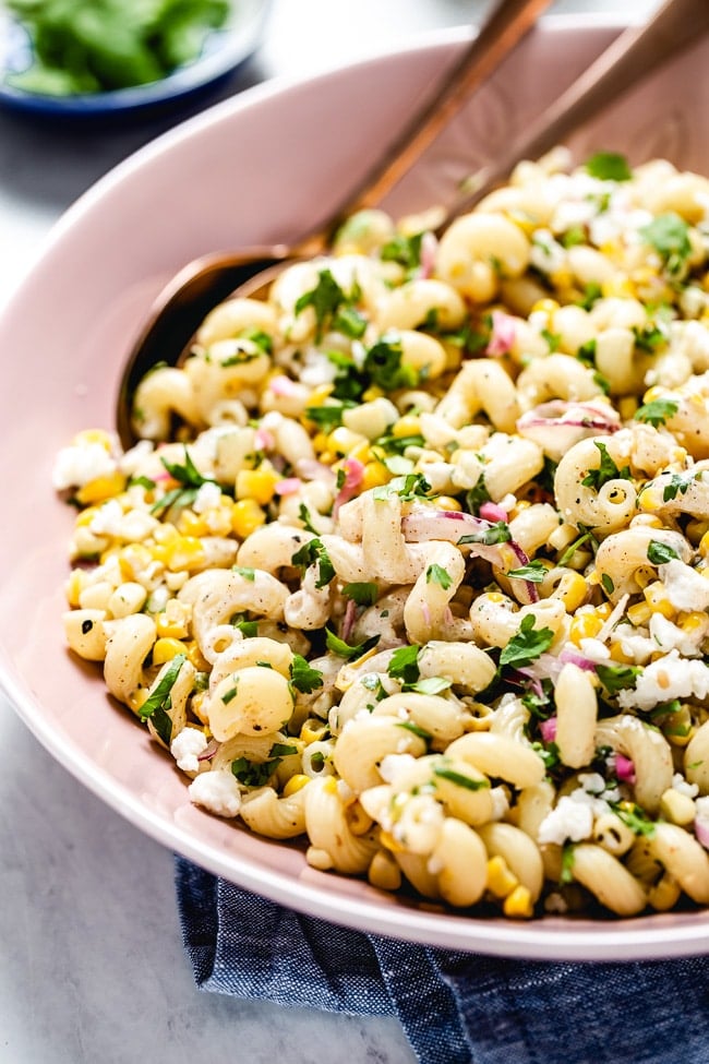 Mexican Corn Pasta Salad with chili lime dressing close up from the front angle