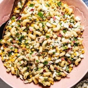 Mexican street corn pasta salad in a bowl from the top view.