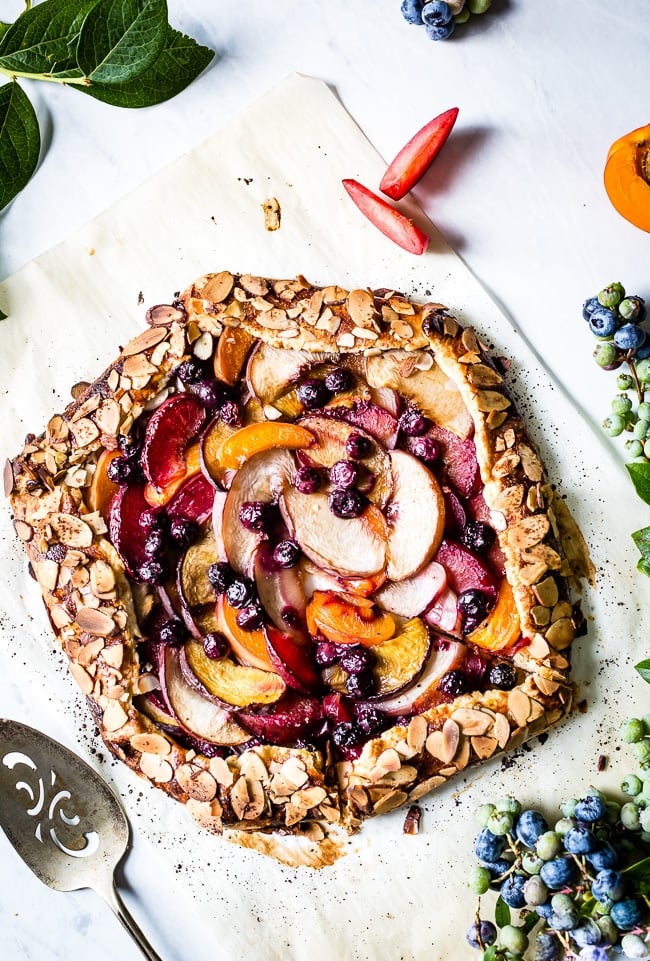 A peach blueberry galette photographed as soon as it came out of the oven.