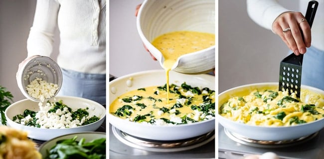 Egg frittata recipe made with spinach eggs and feta cheese photographed with step by step photos