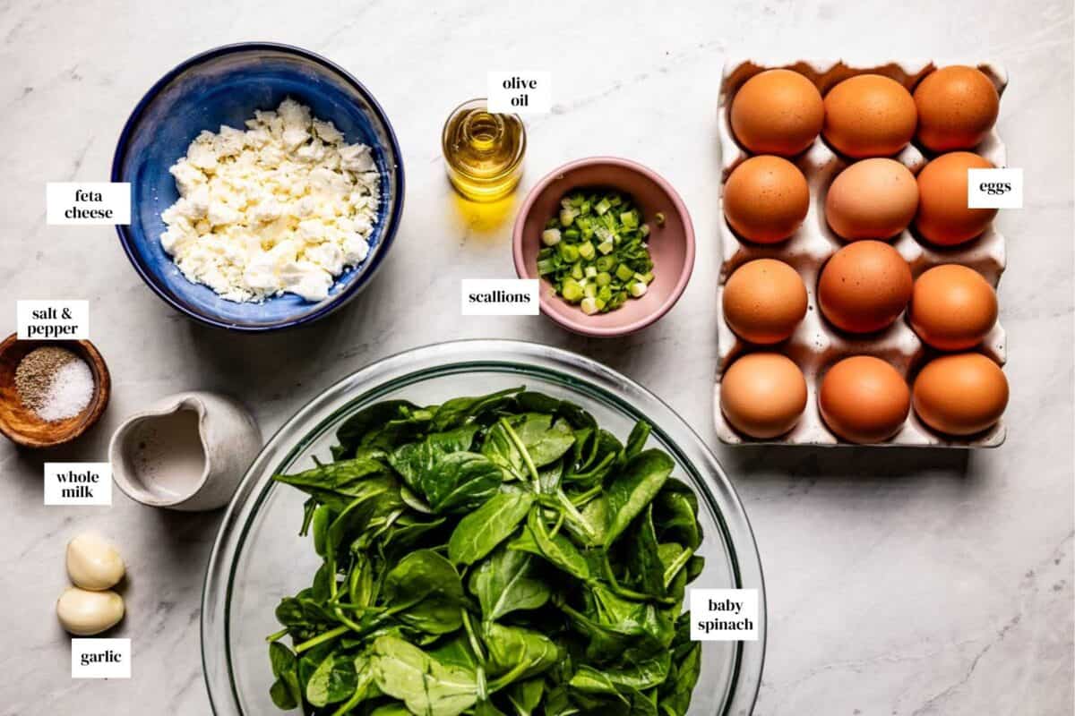 Frittata spinach feta ingredients, including eggs, spinach, feta, and scallions, portioned from the top view with text on each ingredient.