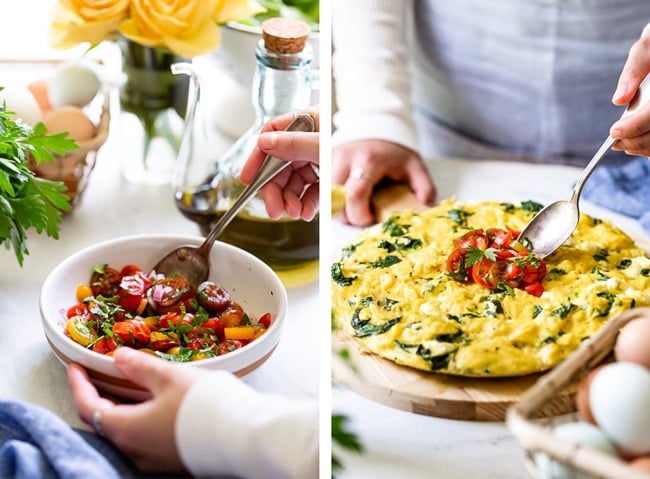 A woman is preparing tomato sauce for egg frittata and placing it on eggs