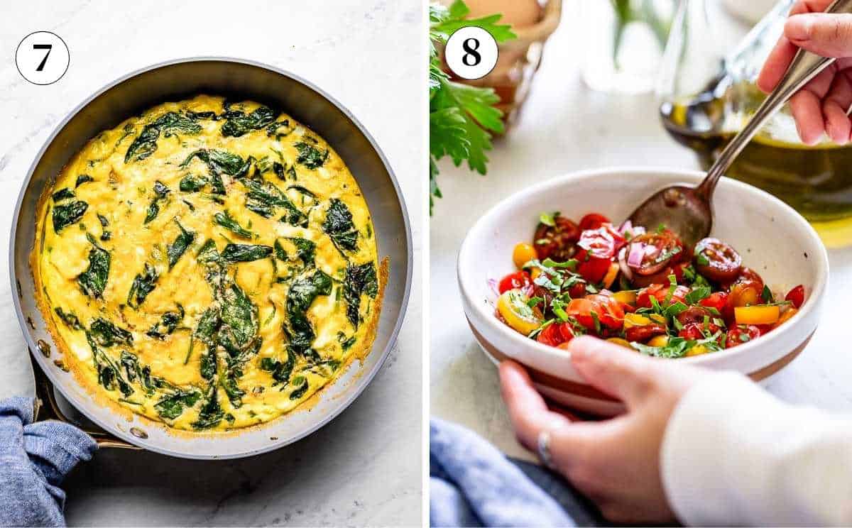 Two photos showing the feta spinach egg bake out of the oven and person mixing tomato topping in a bowl.