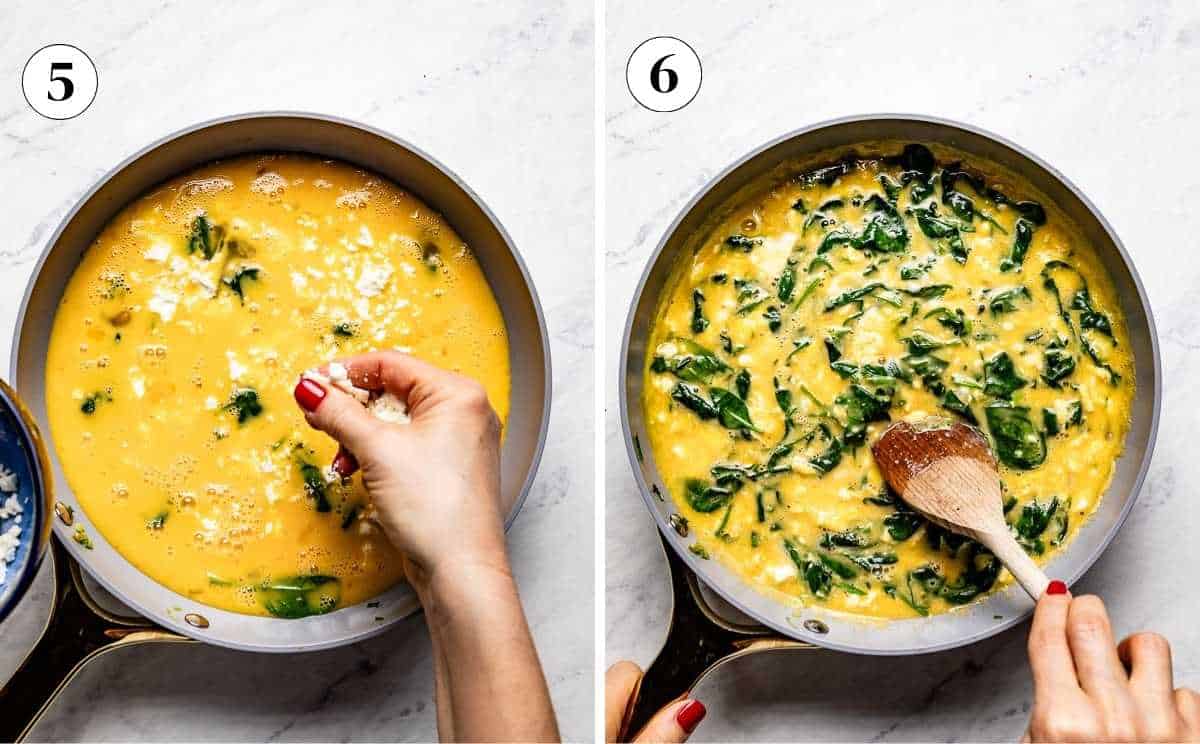 A collage of photos showing the egg mixture with feta being added to it and a person smoothing the top with a wooden spoon.
