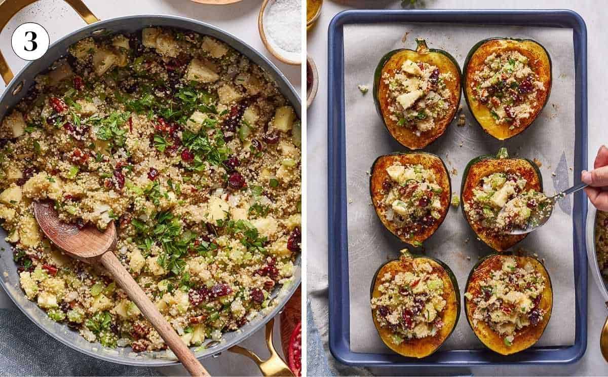A collage of images showing the quinoa filling and stuffing the roasted squash.