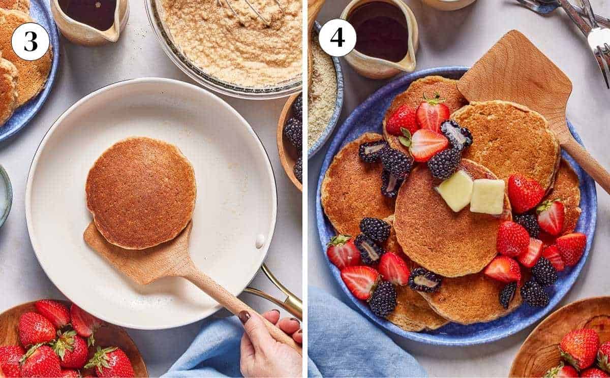 A collage of images showing how to make almond flour pancakes and garnish them with berries.