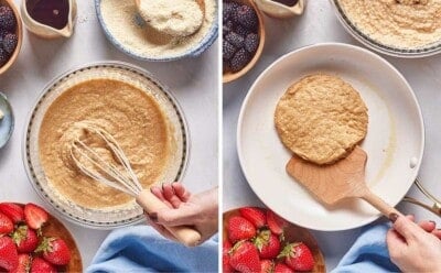 A collage of images showing how to make pancakes with almond flour.