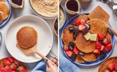 A collage of images showing how to cook and garnish almond pancakes.
