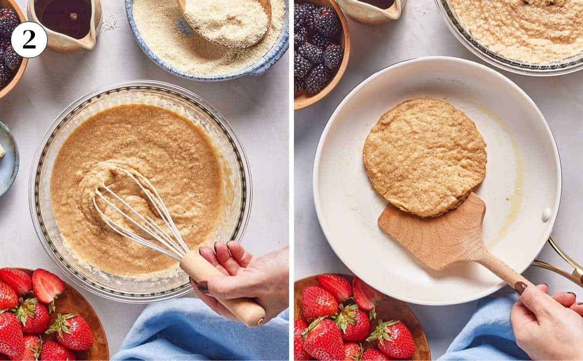 Person mixing the almond flour pancake batter and then cooking it in a skillet.