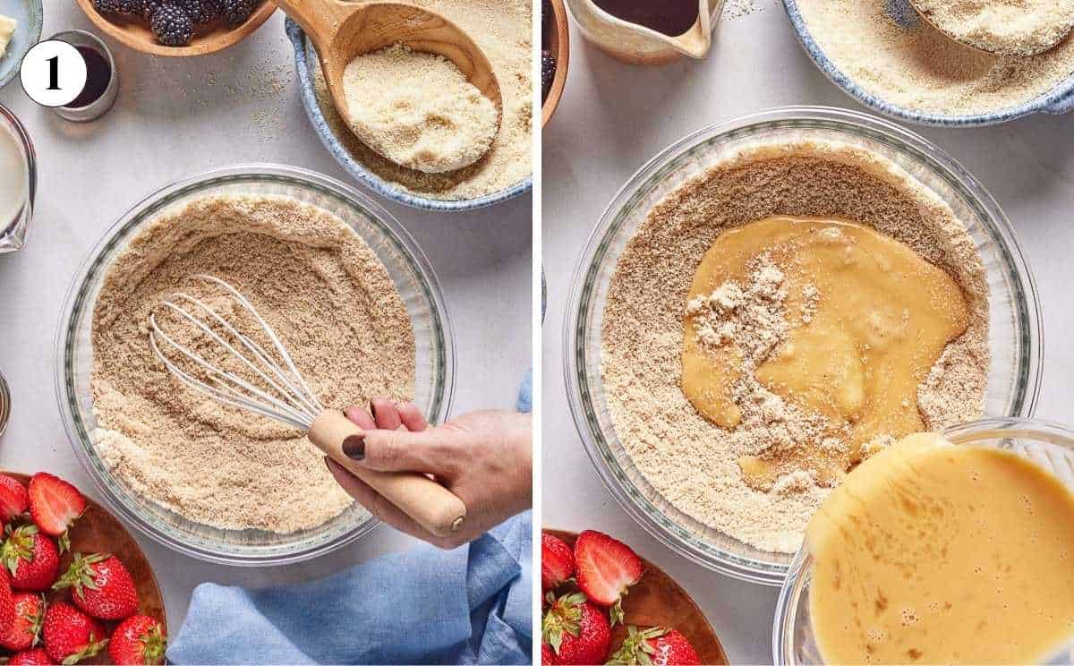 A collage of images showing the almond flour pancake mix and incorporating it with the wet ingredients.