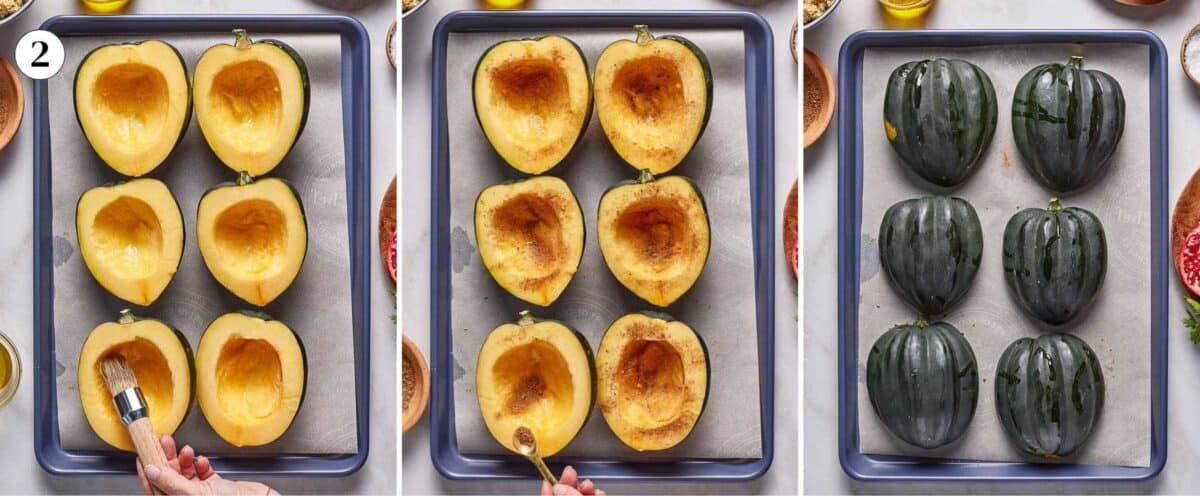 Photos showing how to season and prepare acorn squash for roasting.
