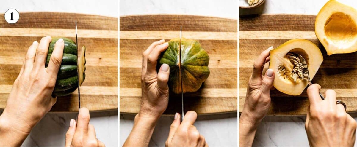 Images showing how to cut acorn squash for stuffing.