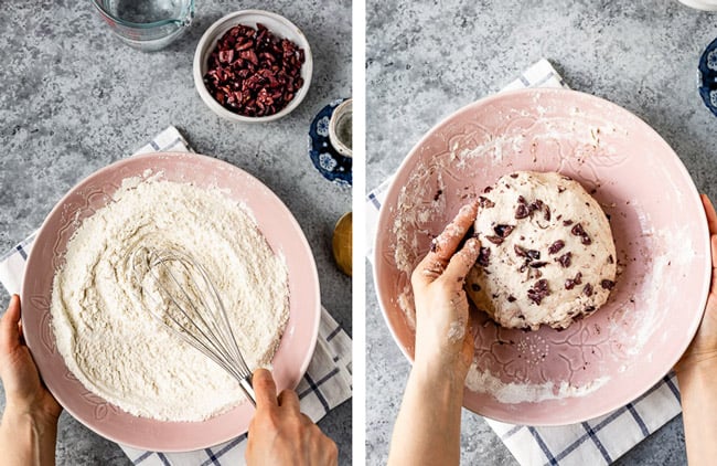 A woman's hand are photographed from the top view as she is making a homemade olive bread recipe