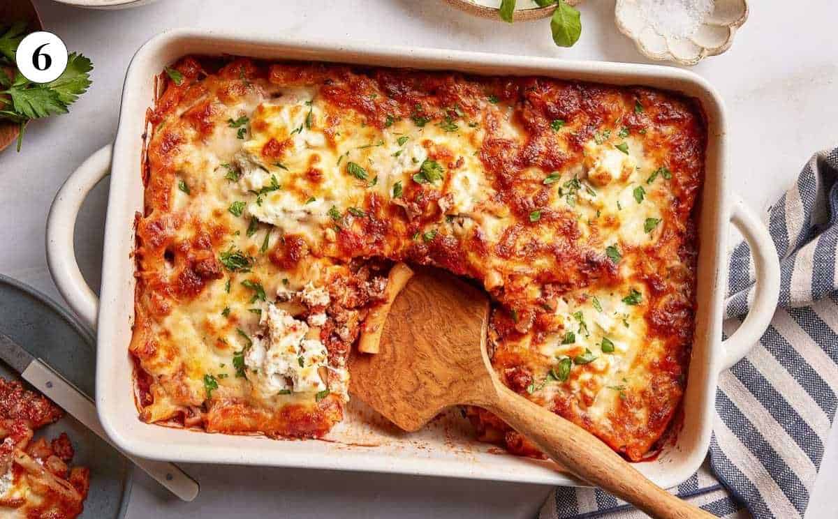 Baked ziti with meat sauce from the top view.