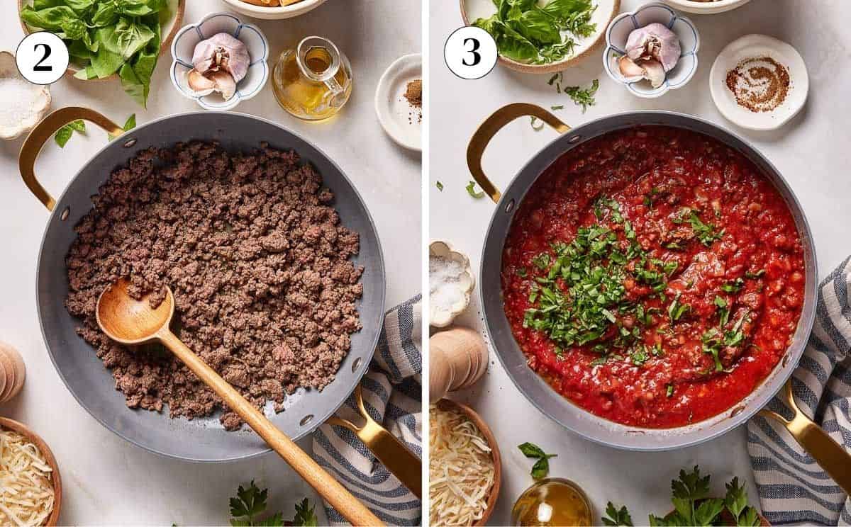 Steps showing how to make the meat sauce for baked ziti.
