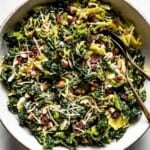 A bowl of brussels sprouts and kale salad recipe from the top view