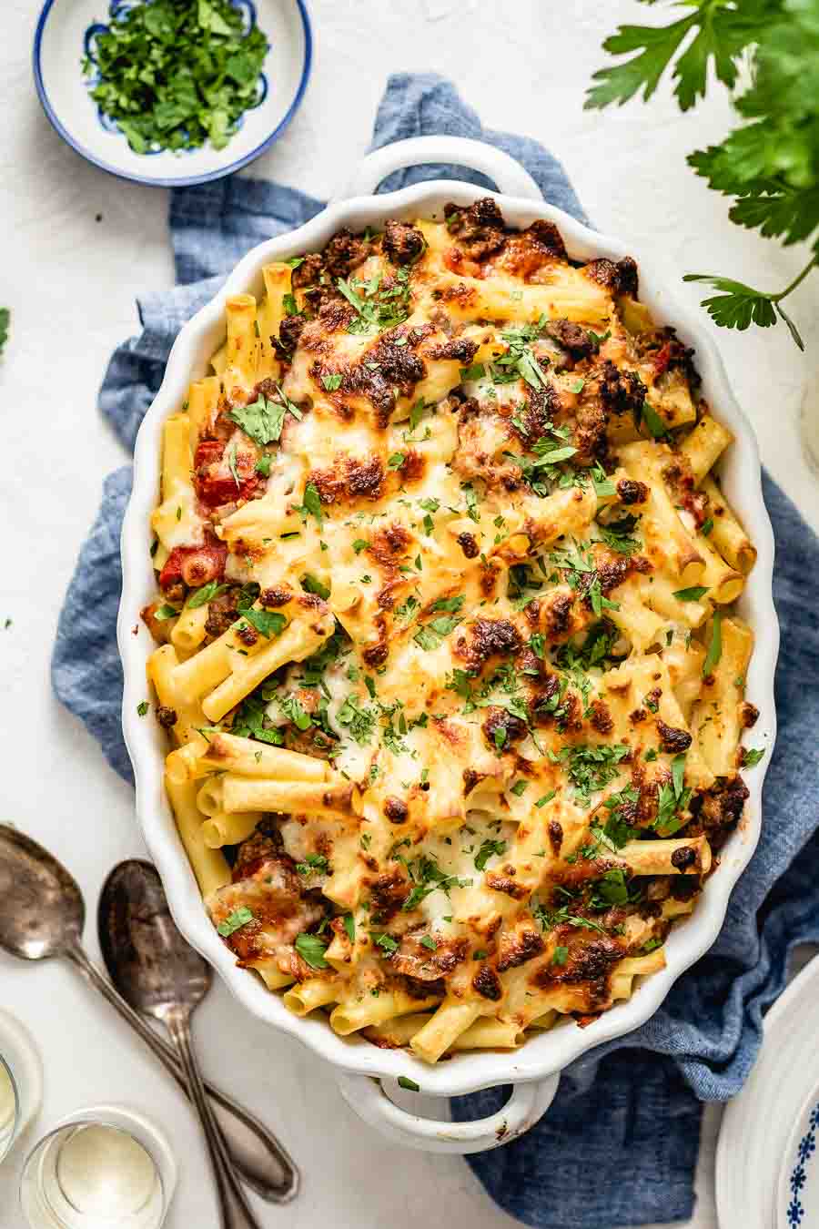 Freshly baked Pasta Casserole is photographed from the top view as soon as it came out of the oven.