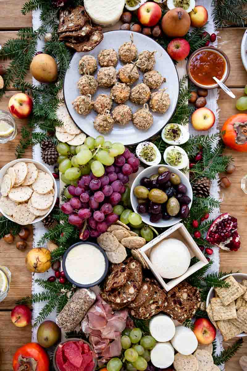 Easy goat cheese appetizers - goat cheese platter set up with olives and fruits