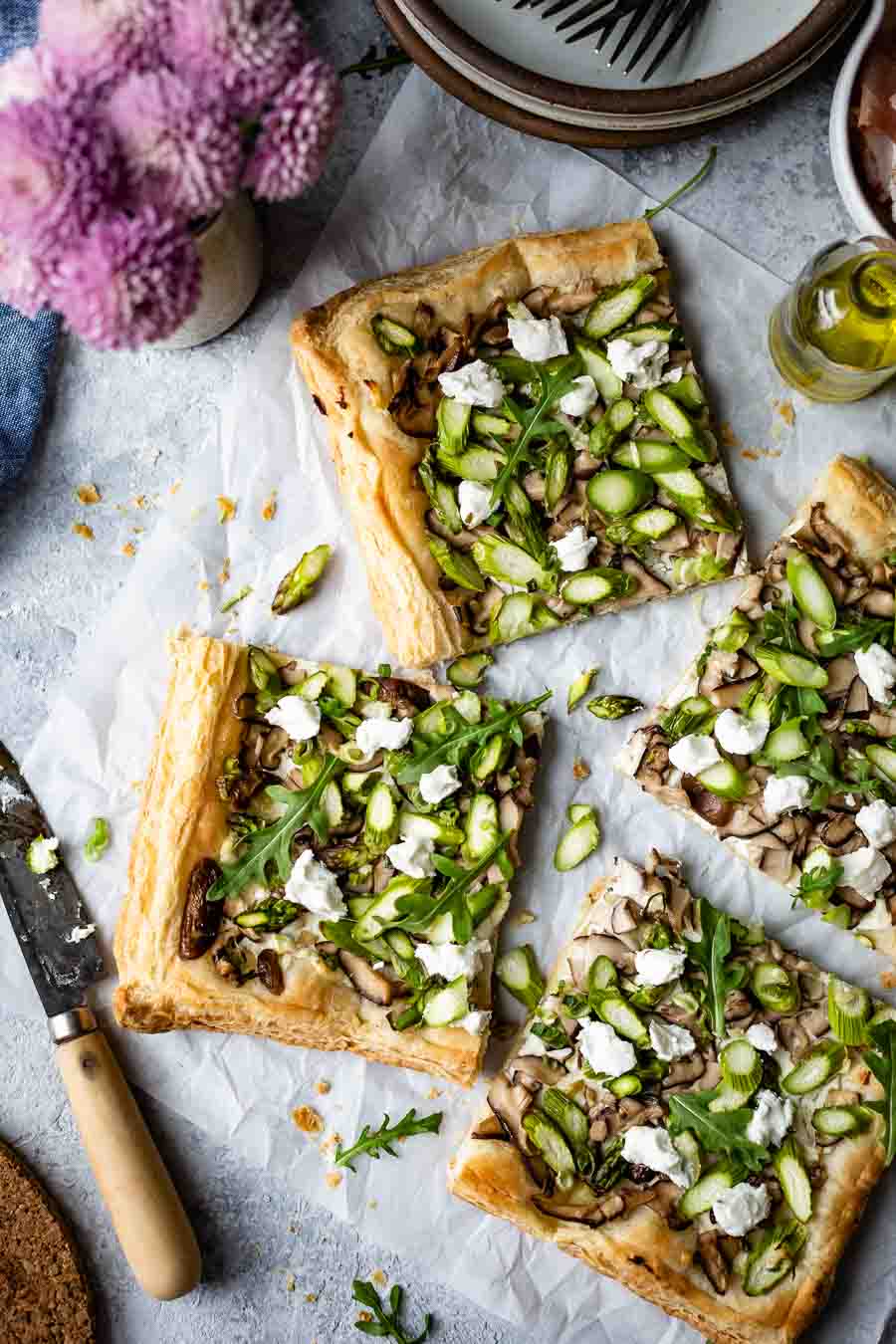 Asparagus Tart with Goat Cheese sliced from the top view