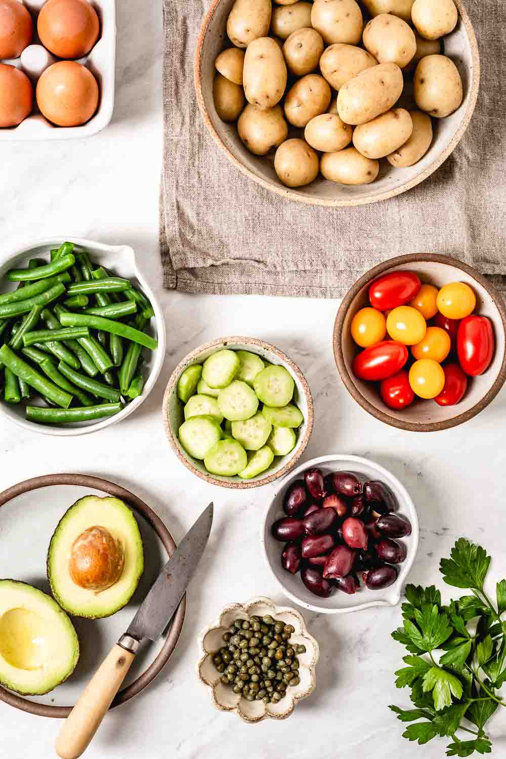 Nicoise (Nissua) salad ingredients photographed from the top view.