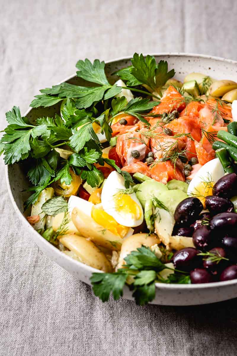 Salmon Niswa Salad recipe photographed from the front view.