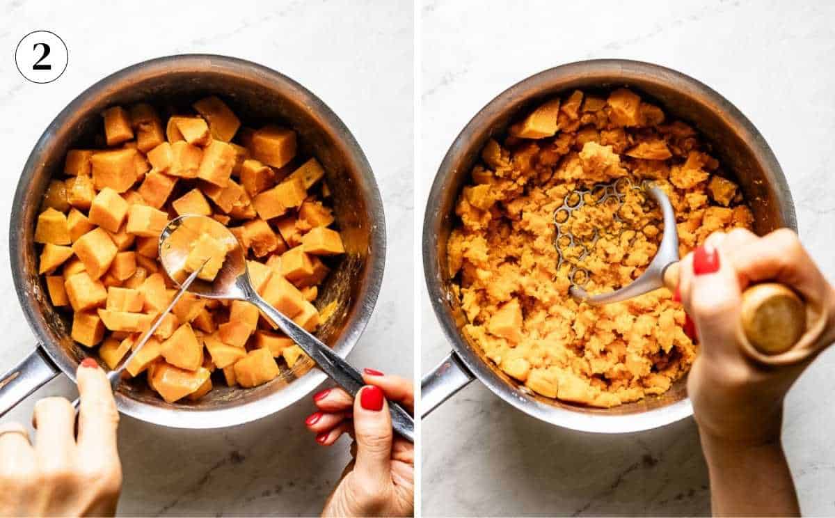 Person showing how to mash sweet potatoes after they are cooked.