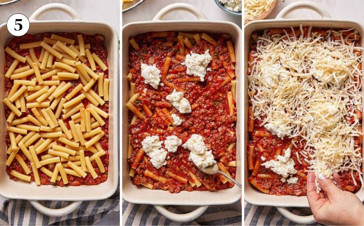 Steps showing how to assemble baked ziti with hamburger recipe.