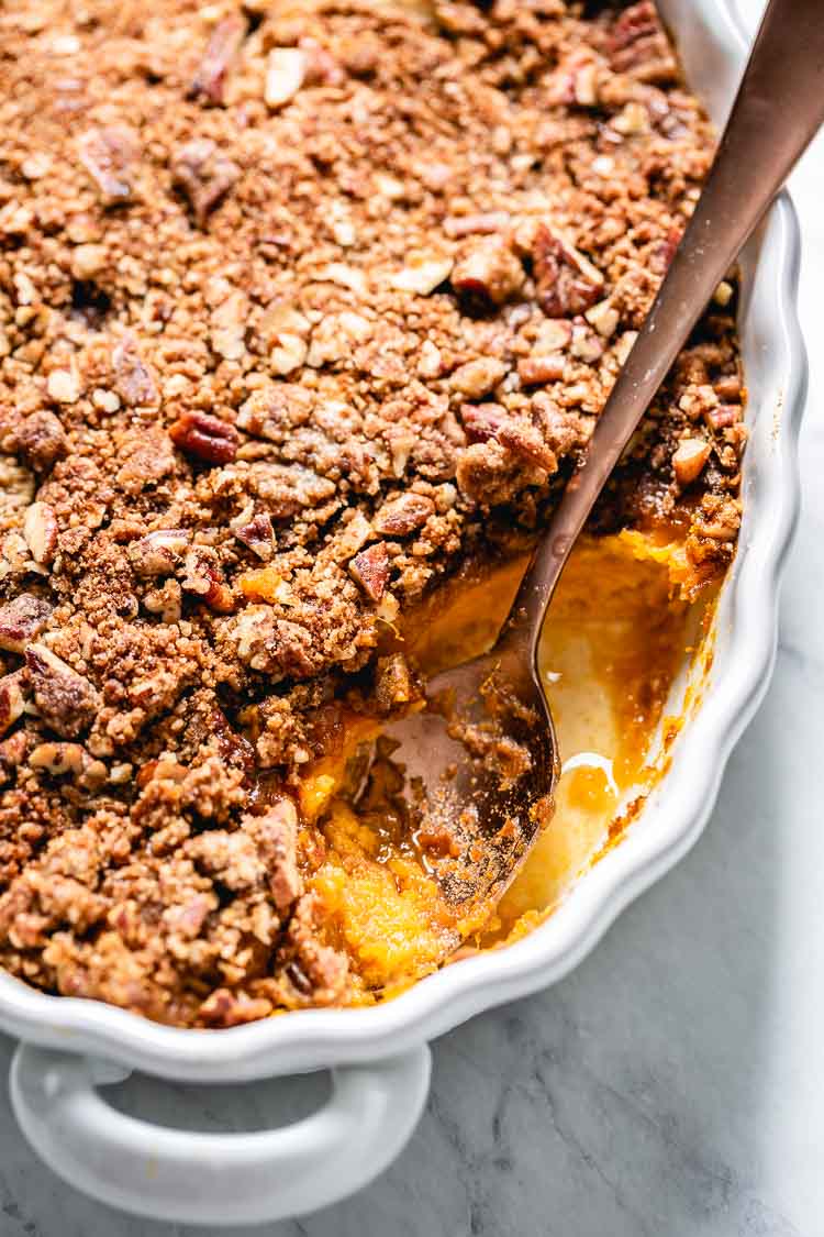 Sweet potato souffle with a spoon on the side