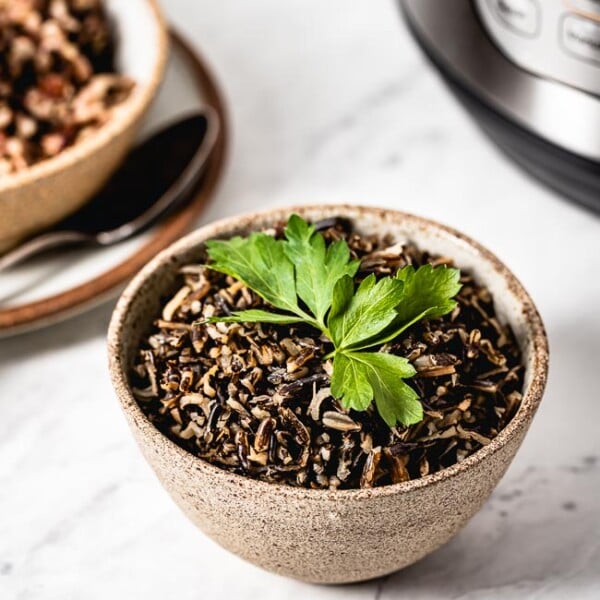 Instant Pot Wild Rice Recipe cooked and placed in a bowl. Photographed in front of a pressure cooker