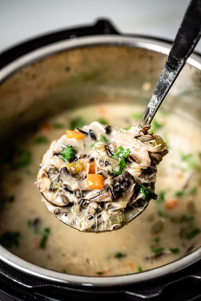 A ladle full of soup photographed from the front view