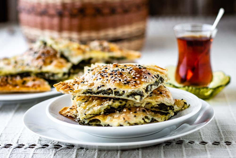 Learn how to make Turkish Spinach and Feta Cheese Borek recipe - Borek served with Turkish Tea.