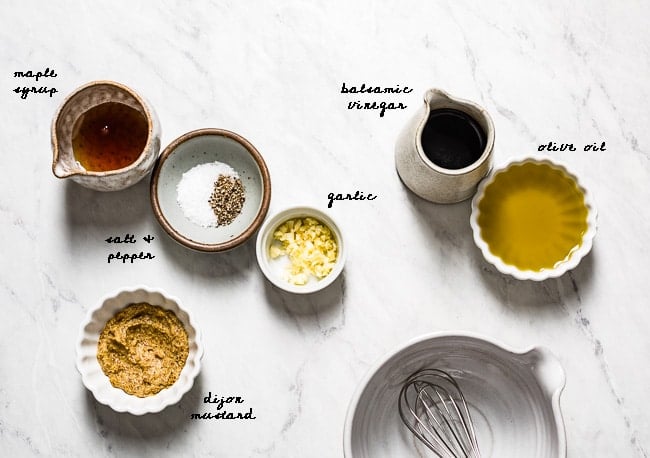 butternut squash salad dressing - balsamic vinaigrette ingredients are photographed from the top view.