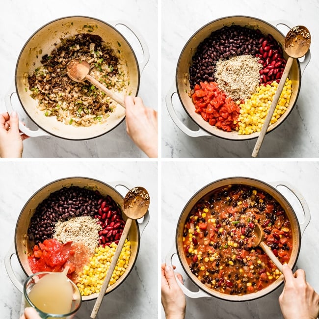 A woman is photographed from the top view in four steps on how to make chili with quinoa