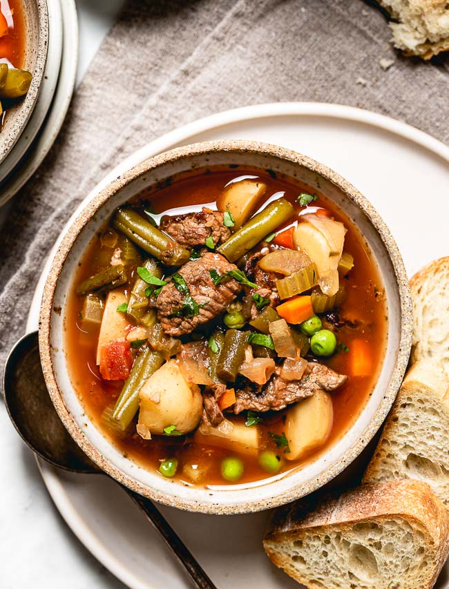 a bowl of vegetable beef soup for an easy pantry dinner