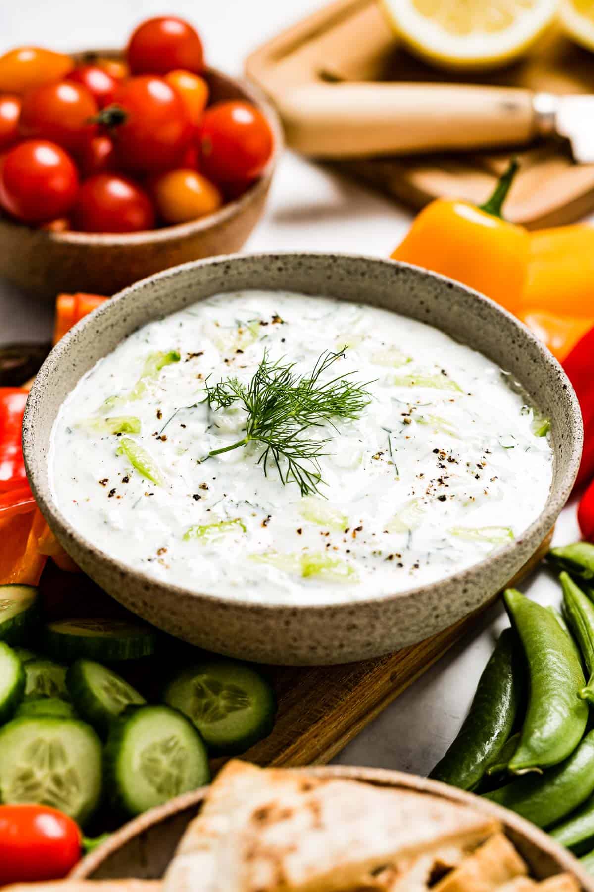 Tzatziki sauce in a bowl garnished with dill.