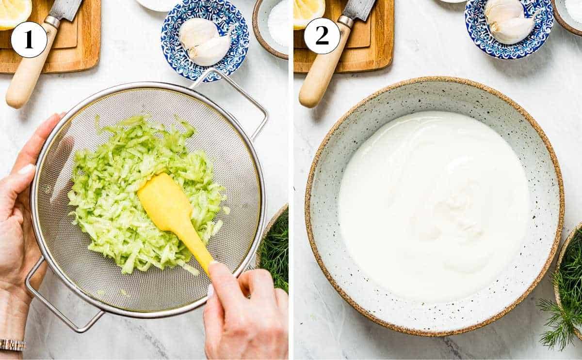 A collage of images showing how to strain grated cucumber and make the yogurt mixture.