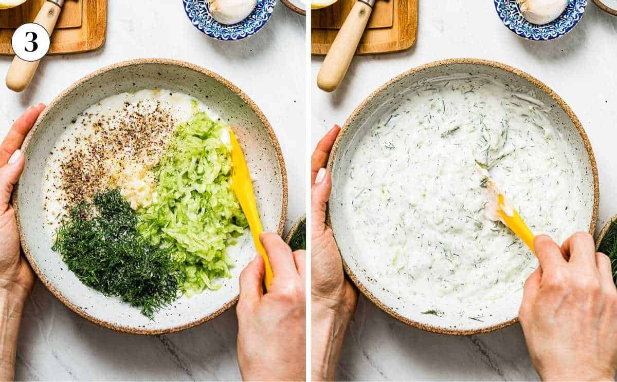 A collage of photos showing how to make tzatziki from scratch.