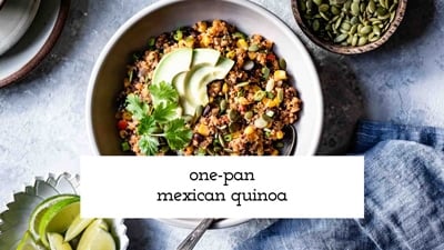 A bowl of Mexican Quinoa photographed from the top view