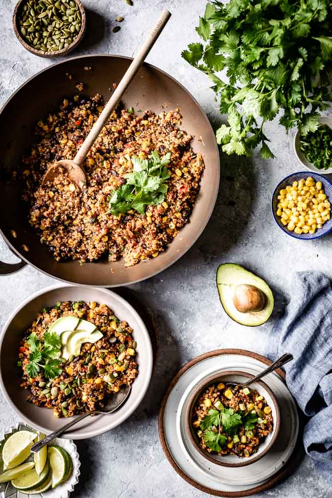Mexican Quinoa recipe in bowls and in a large pot