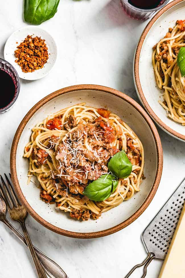 Pasta Bolognese in a bowl from the top view