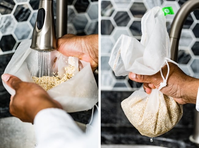 wash quinoa before cooking in a nut milk bag without a strainer