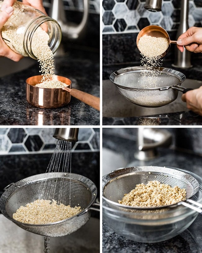 Step by step images of rinsing quinoa in a kitchen environment