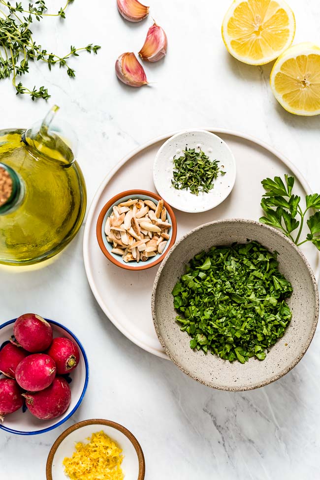 Simple seasoning ideas - olive oil, lemon, garlic, herbs, nuts