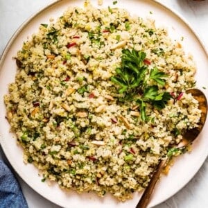 Seasoned quinoa garnished with fresh parsley leaves on a plate