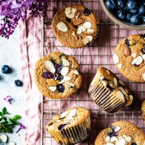 low carb Almond flour blueberry muffins on a wire rack