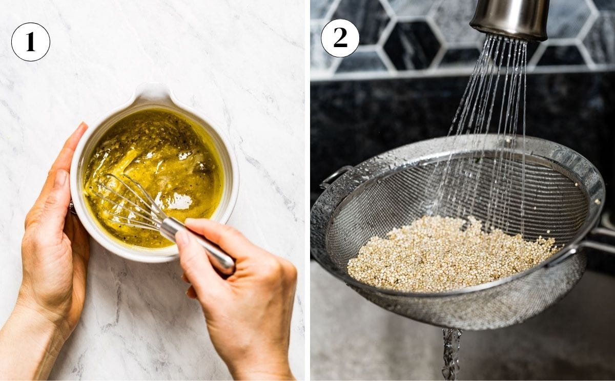 Two step photos, whisking lemon vinaigrette in a bowl and rinsing quinoa in a fine-mesh strainer under running water.