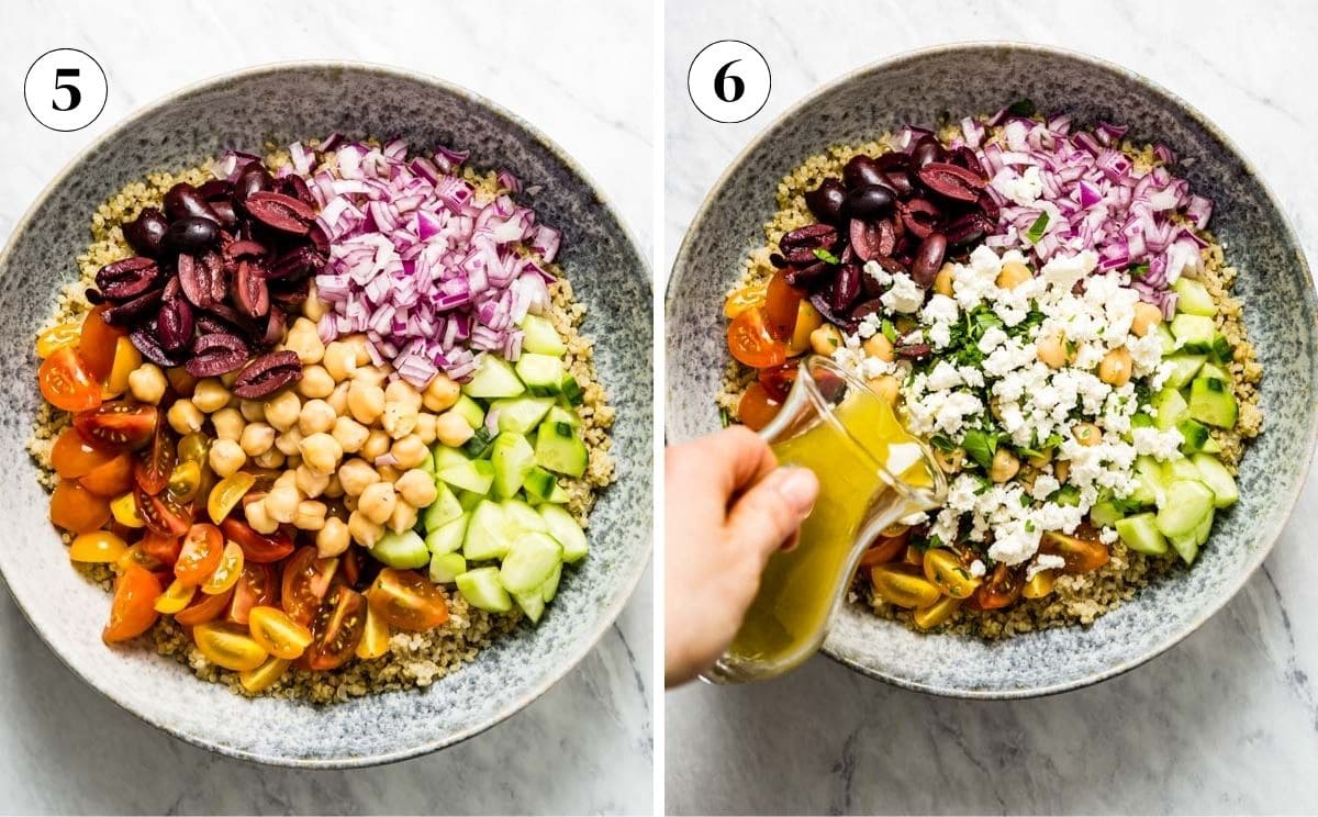 Two step photos, chickpeas, tomatoes, olives, red onion, and cucumber arranged over quinoa, then lemon vinaigrette poured over feta and vegetables.