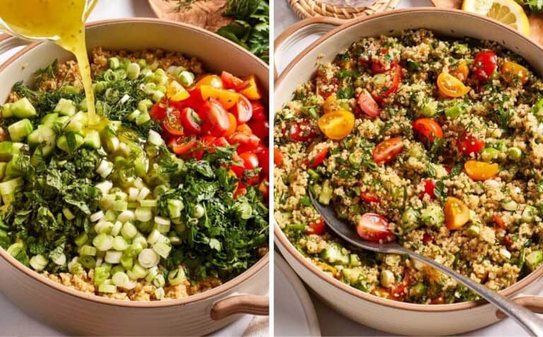 A bowl of tabouli with quinoa is being drizzled with the dressing.