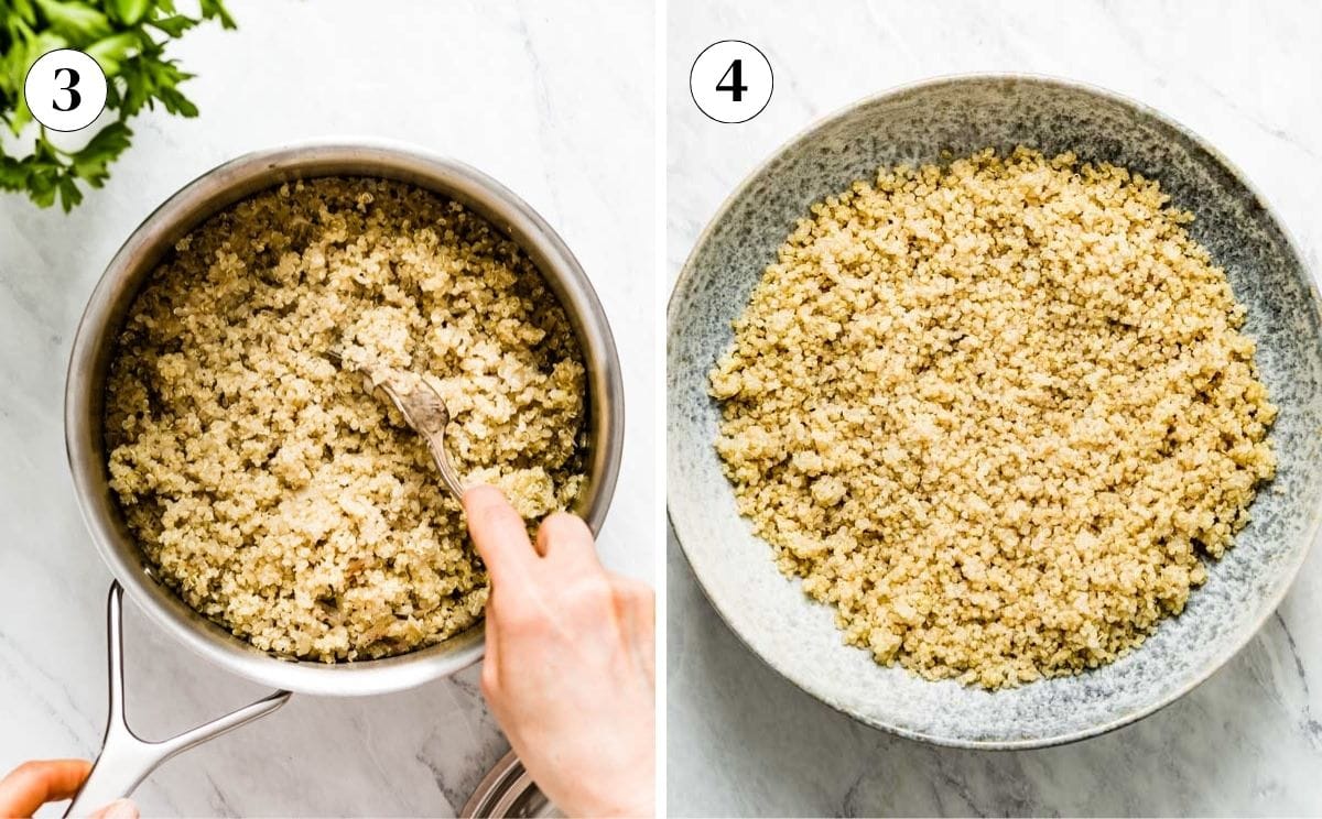 Two step photos, fluffing cooked quinoa with a fork in the pot and cooked quinoa spread out in a bowl to cool.
