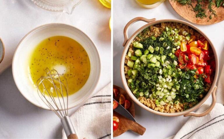 A collage of images showing how to make the dressing and prep the ingredients.